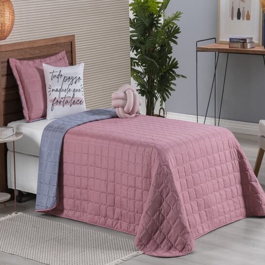Kit Cobre Leito Paris Solteiro Dupla Face 5 peças Rose e Cinza