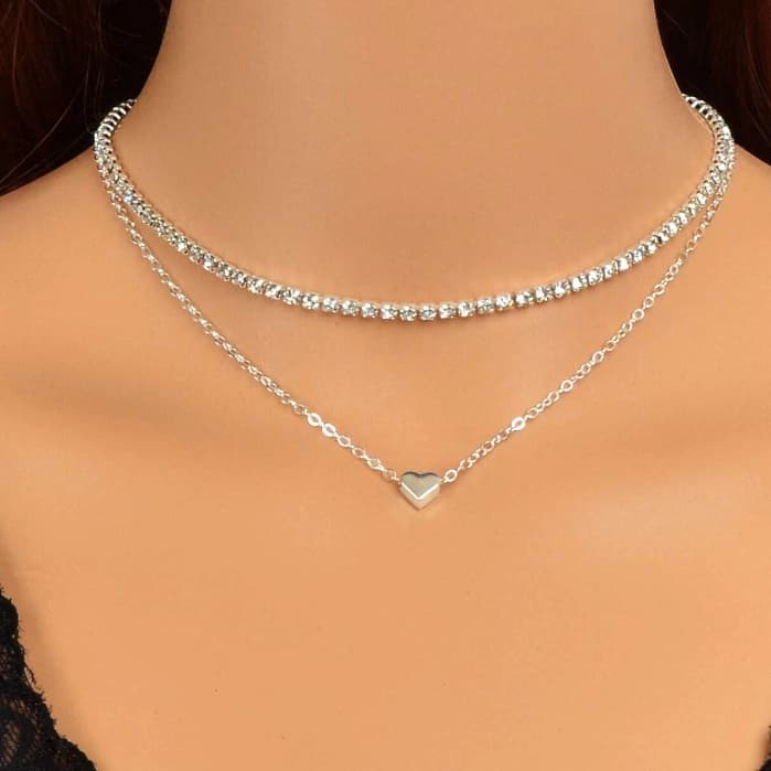 Corrente Feminina Colares Strass & Decoração De Coração 2 em 1