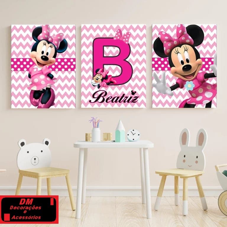 Quadros Minnie Baby Decorativo Disney Com Nome Personalizado 3 Peças