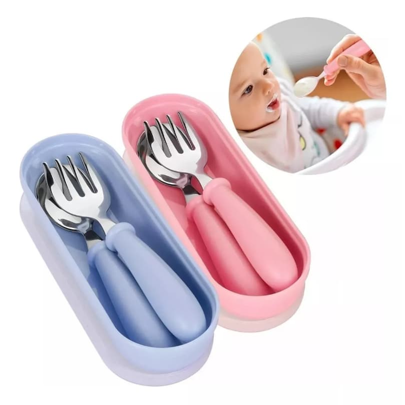 Jogo Talheres Infantil Colher Garfo Inox Estojo Bebe Azul e Rosa Inox 304