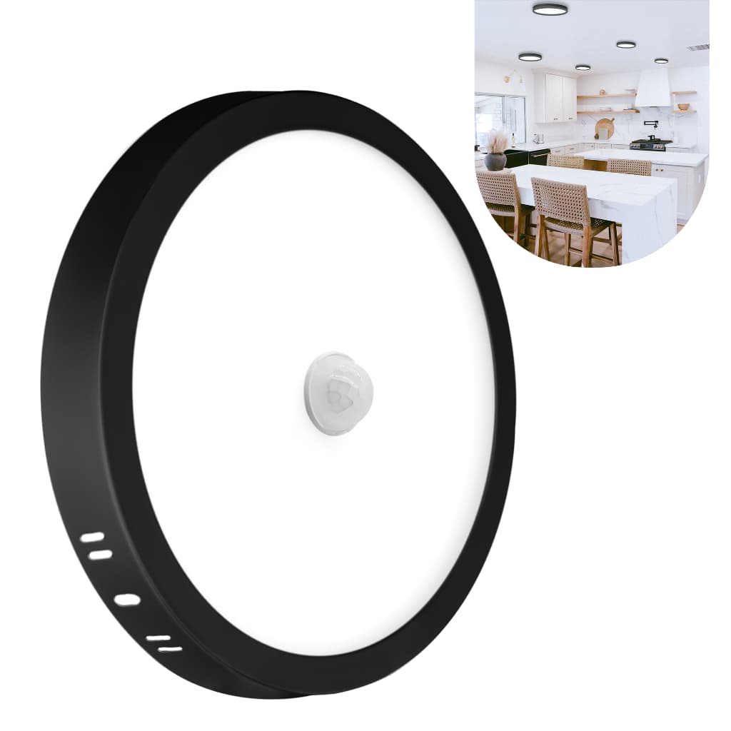 Painel Plafon Com Sensor 18w Sobrepor Preto Redondo Luz Frio