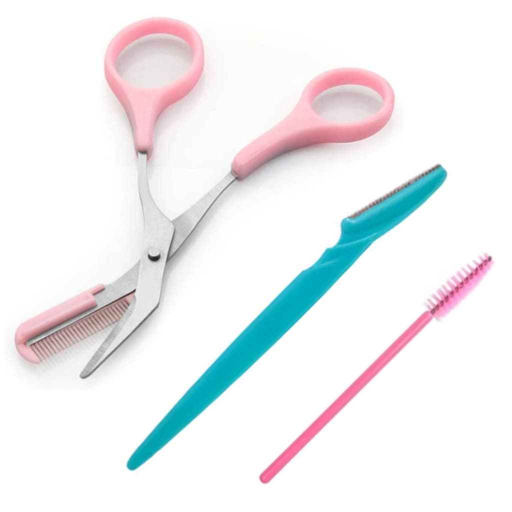 Kit 3 Ítens Navalha para Aparar Sobrancelhas + Tesoura Tesourinha + Escovinha