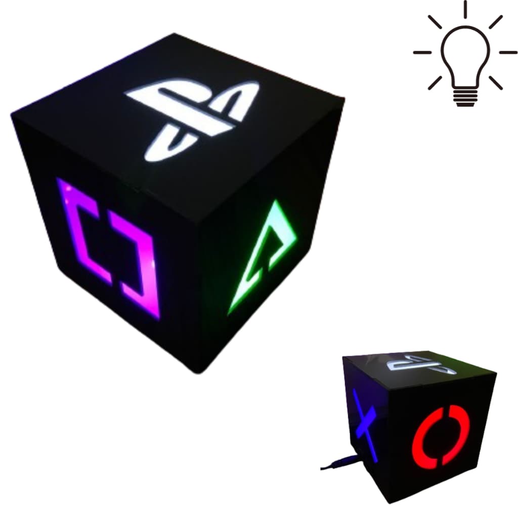 Mini Luminária PLAYSTATION V2 CUBO Abajur de mesa LED Gamer Geek Acrílico PSN Símbolos