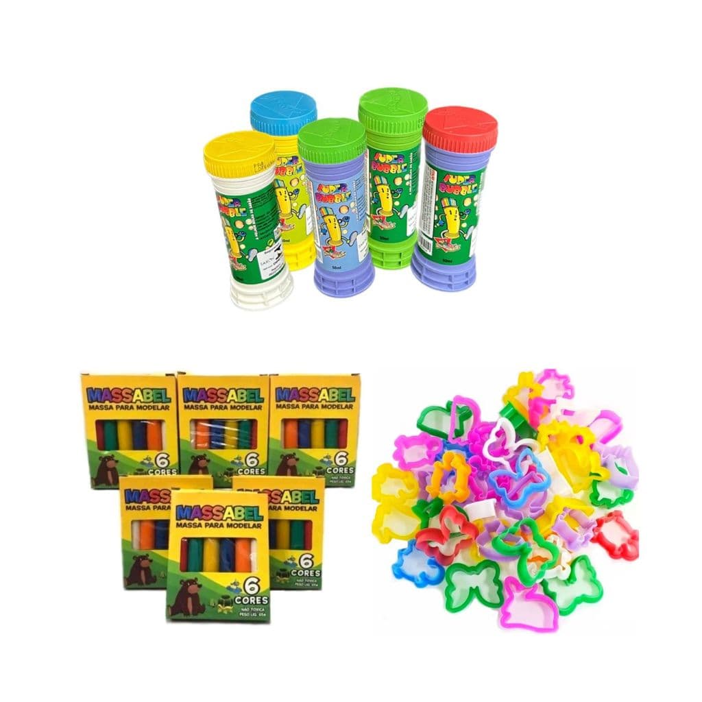 Kit 10 Bolha de Sabão + 10 Cxs de Massinha + 20 Cortadores Festa e Lembrancinha