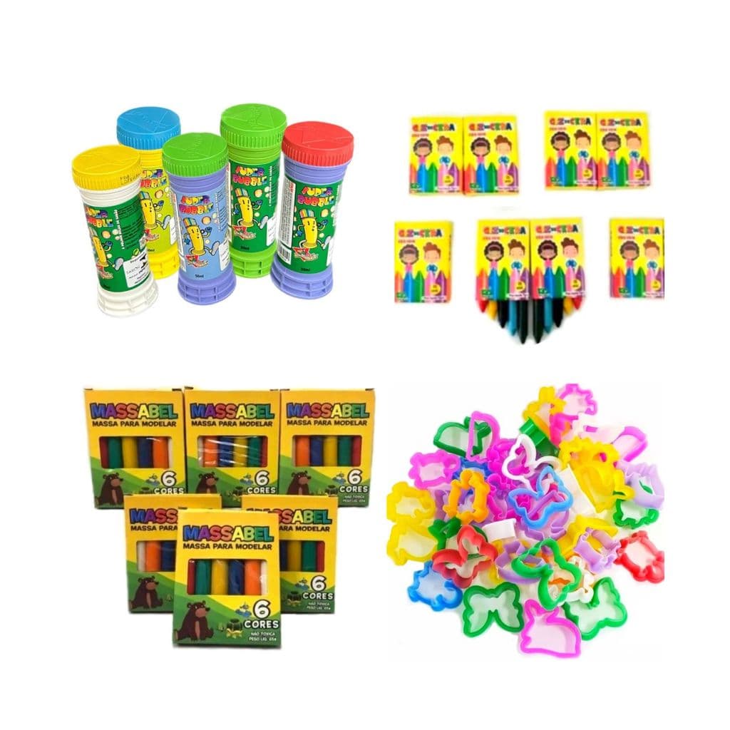 Kit 10 Bolha de sabão+10 Mini Giz de Cera+10 Massinha +20 Cortadores Festa e Lembrancinha
