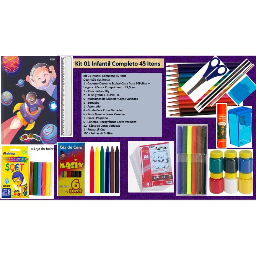 Kit Escolar Infantil Completo - 46 Itens