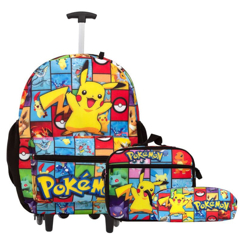 Kit Mochila Escolar Pokemon Pikachu Com Rodinhas Estojo