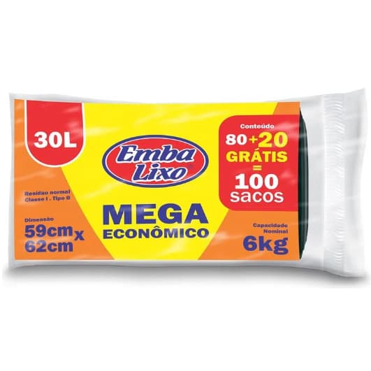 Saco de Lixo 30L Mega Econômico 59x62cm EmbaLixo 6kg Preto Pacote 100 Unidades