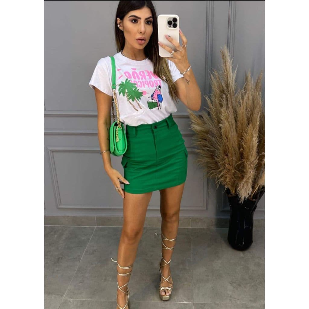 Saia Cargo Feminina Verde Cintura Alta Bengaline Moda Blogueira