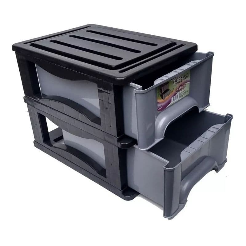 Gaveteiro Plastico preto com gavetas cinza.