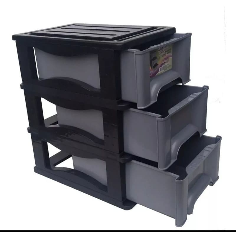 Gaveteiro Plastico preto com gavetas cinza