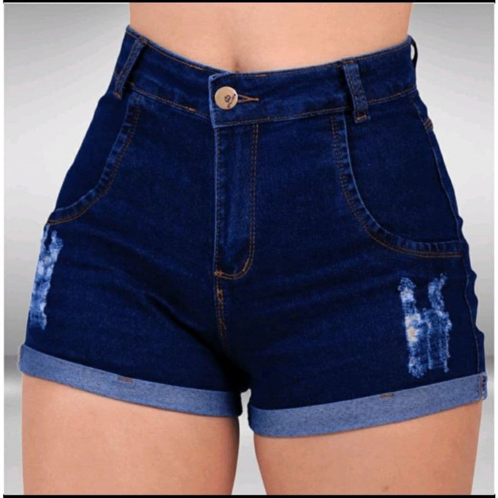 Short Jeans Feminino Com Lycra Cintura Alta Shorts Levanta Bumbum Cós Alto Destroyed Hot Pants
