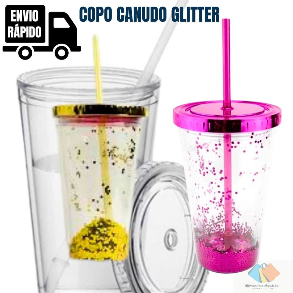 Copo Com Canudo Acrílico Glitter 450 ML + Boia Inflavel Porta Copo Lata Para Praias Piscinas Modelos Variados