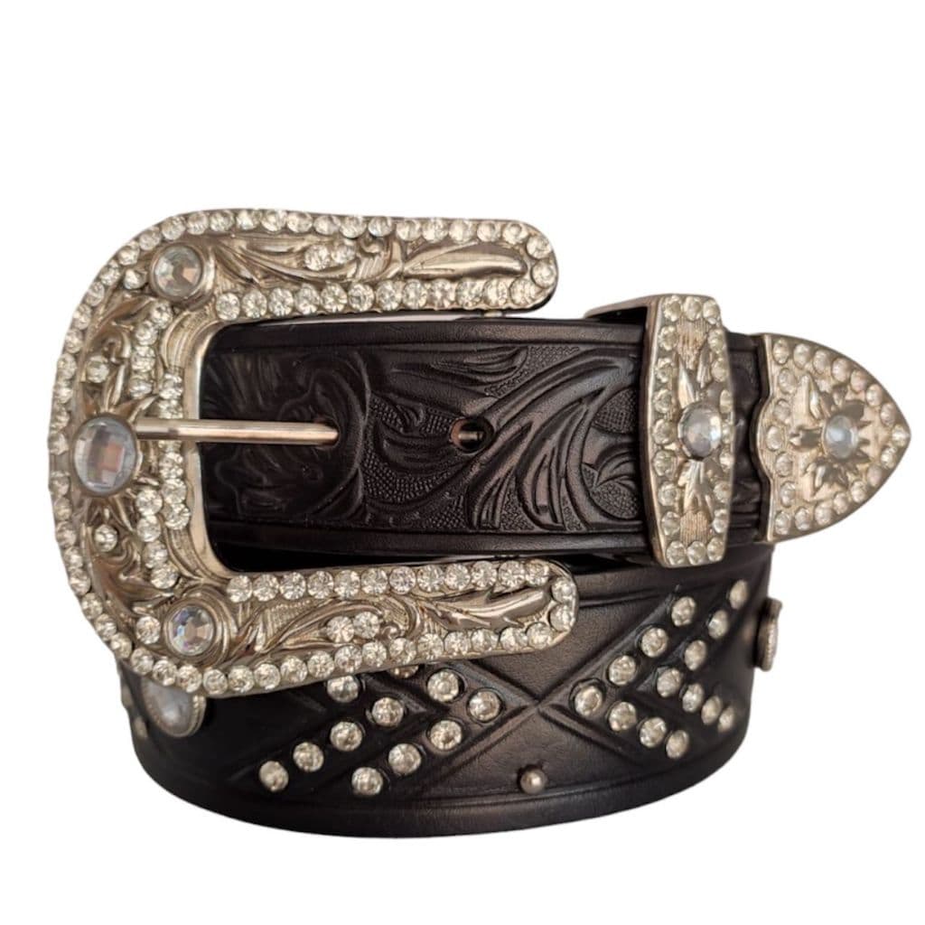 Cinto Country Feminino Boiadeira Com Strass 100% Couro Preto