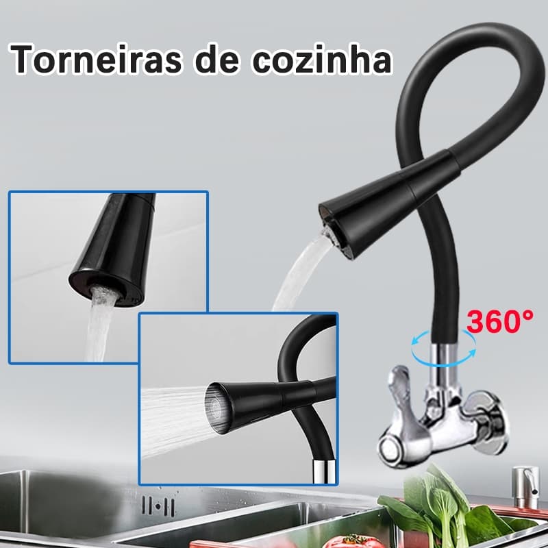 Torneira de Cozinha Gourmet Bancada Tubo Flexivel Preto