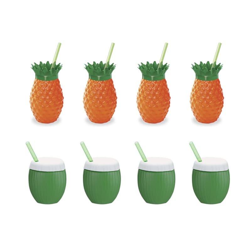 Kit 8 Copos Fruta Tropical Abacaxi Coco Com Canudo