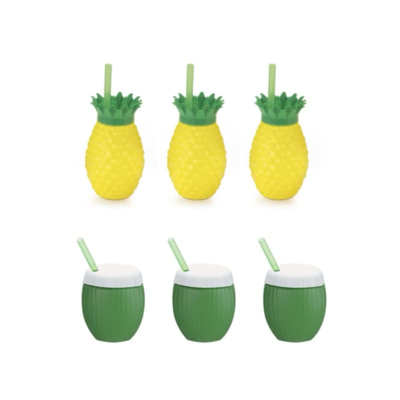 Kit 6 Copos Com Canudo Festa Tropical Abacaxi e Coco