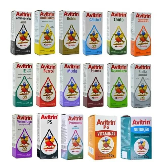 Avitrin Pássaros Antibiótico Cálcio Ferro PS Vitamínico Vermífugo Sulfa Plumas Canto Vitamina E