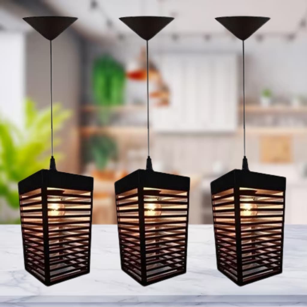 03 Pendentes Modernos Luminária De Teto Estilo Sushibar De Madeira Preta - 3tp