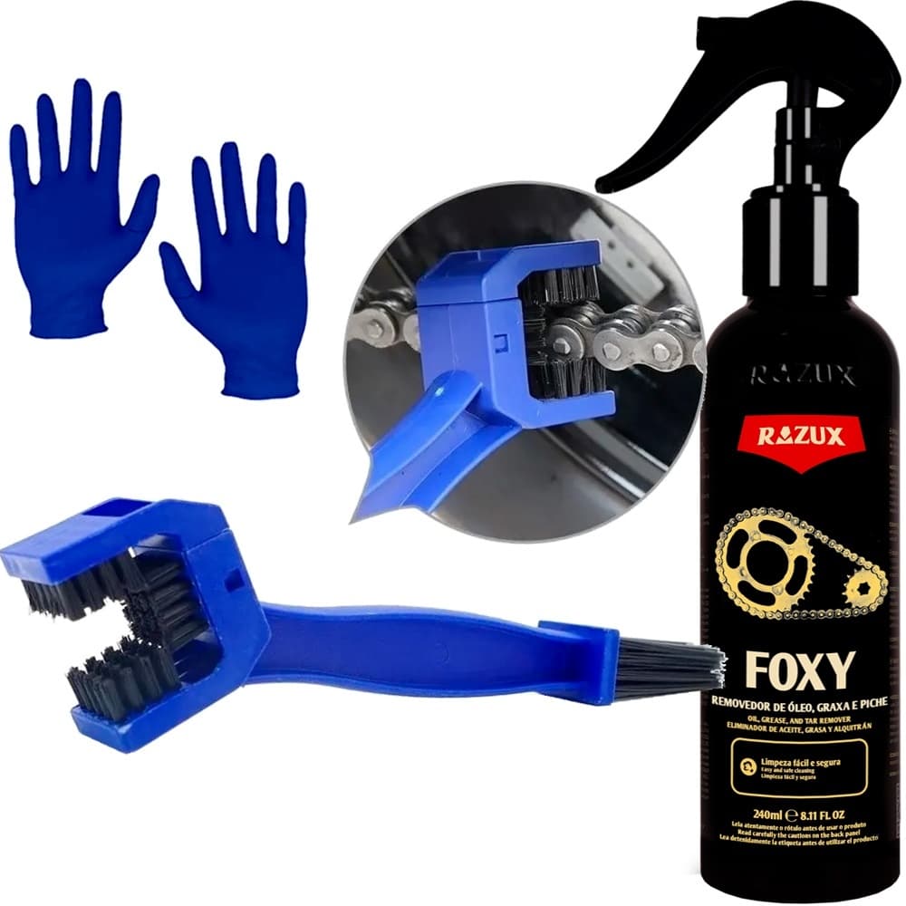 Foxy Razux Limpador de Corrente Motor Transmissão Desengraxante 240ml Escova Limpa Corrente Moto Bicicleta Karbox e Luva