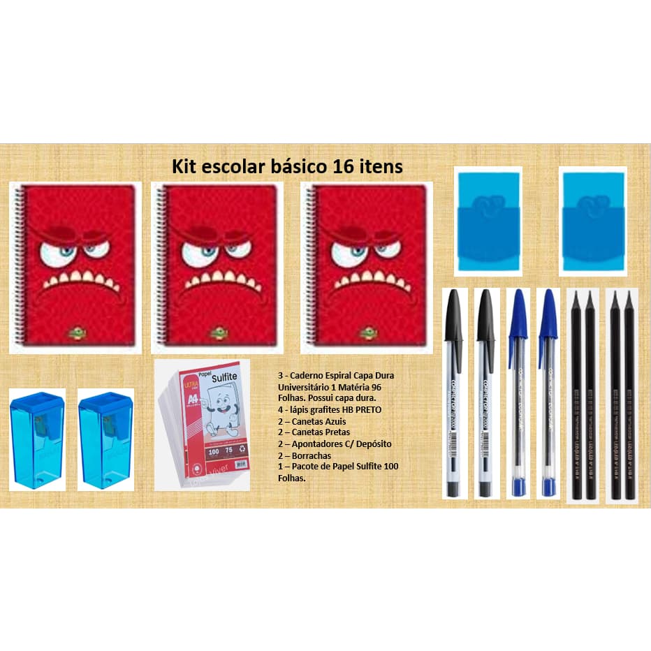 Kit Escolar Básico e Fundamental - 14 Itens