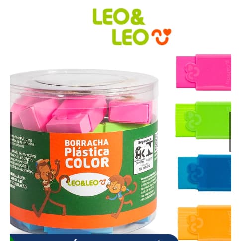 Borracha Escolar Colorida com Capa Plástica Leo e Leo