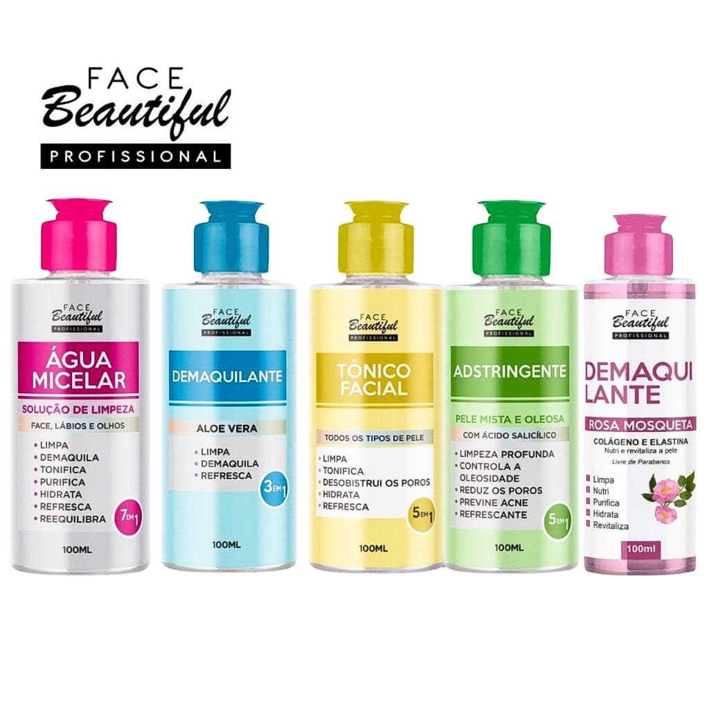 Linha de Tratamento Facial Face Beautiful Agua Micelar, Tonico Facial, Demaquilante 100ml