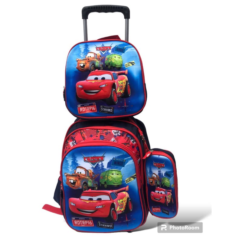 kit mochila escolar infantil 3D carros com rodinhas lancheira térmica e estojo