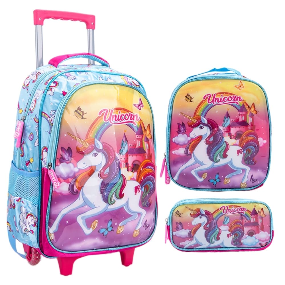 Mochila Infantil Escolar Menina Unicórnio Kit Escolar Mochila de Carrinho + Lancheira + Estojo Unicórnio Rainbow
