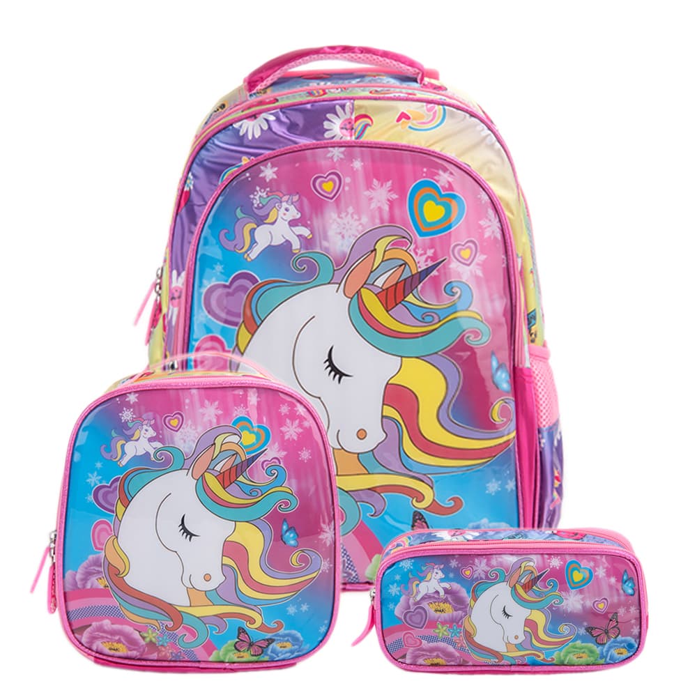 Mochila Infantil Escolar Menina Unicórnio Kit Escolar Mochila de Carrinho + Lancheira + Estojo Love Unicórnio