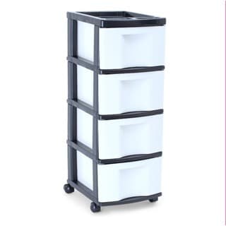 Gaveteiro Plástico Branco c/ 4 Gavetas Grandes Estrutura Preta e c/ Rodinhas