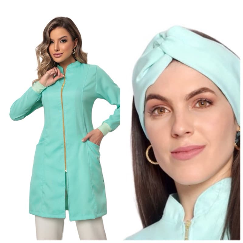 Jaleco Feminino Luxo Zíper Acinturado Gola Padre+ Turbante Verde Claro Nice Gardenia Jalecos