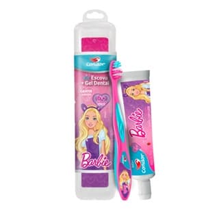 Kit Escova Dental Barbie Extra Macia Pasta de Dente Com Fluor Tutti Frutti 50g Com Estojo 2 a 5 Anos