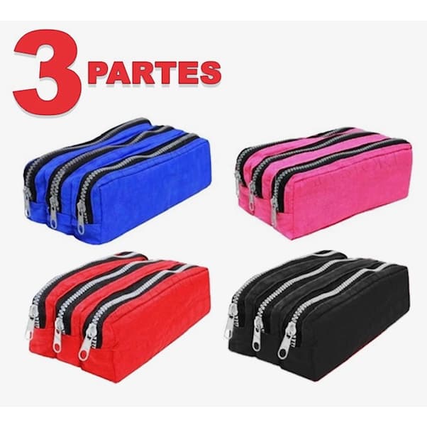 Estojo TRIPLO 3 Partes  com Divisória Organizador Zíper Porta Lápis Canetas Escolar