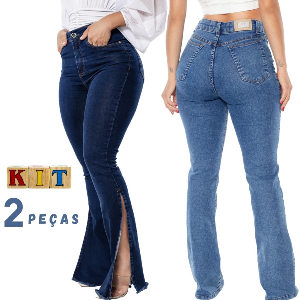 Calça Jeans Feminina Flare Cintura Alta Boca de Sino Premium com Lycra levanta Bumbum Kit com 2 und