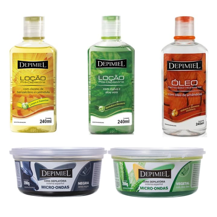 Kit Depimiel Loção Pré E Pós Depilatória + Óleo Removedor + Cera P/ Micro-ondas Negra 200g + Cera P/ Micro-ondas Vegetal 200g