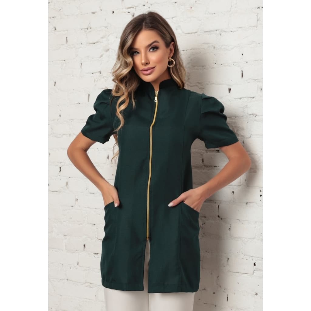 Jaleco Feminino Verde Musgo Manga Curta Bufante  Zíper Mara Gardenia Jalecos