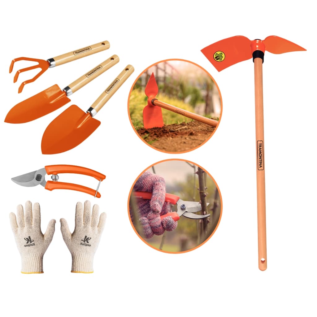 Conjunto 5 Peças Para Podar Jardinagem Horta Plantas Tramontina Com Luva