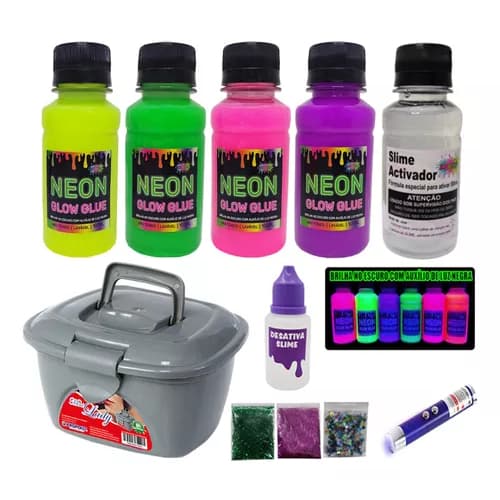 KIT Slime Neon Com Mini Maleta Lanterna Desativador De Slime