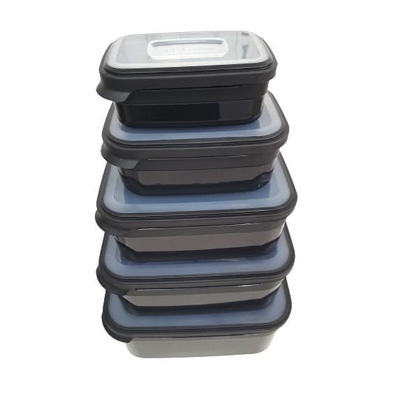 Conj. 5 Potes Retangulares Para Alimento Com Tampa Preto Helsim Empalhável
