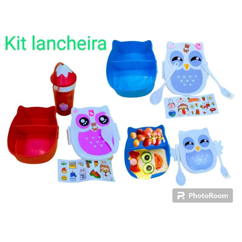 kit ancheira Marmita 3 divisorias  Infantil BPA FRE  Fofa Coruja  com 2 Talheres + Garrafinha de 300 ml  + brinde