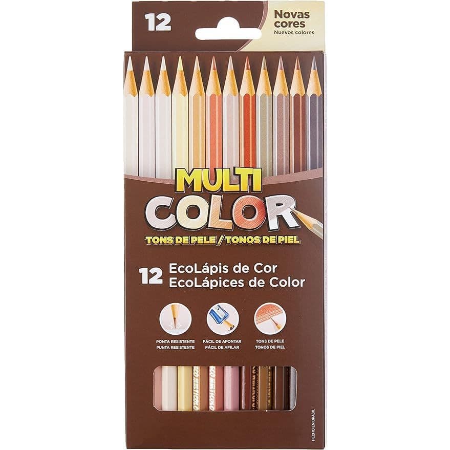 EcoLápis de Cor Multicolor,Tons de Pele, Caixa com 12 Cores Variadas