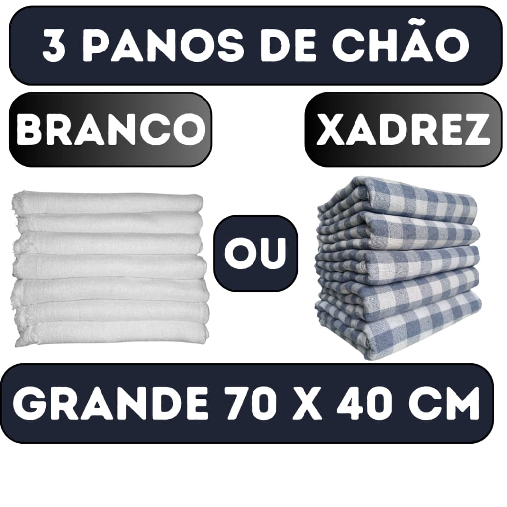 Kit c/ 3 Panos de Chão Grande 70x40cm - Saco Duplo Xadrez Azul Alvejado ou Branco Alvejado - Neves