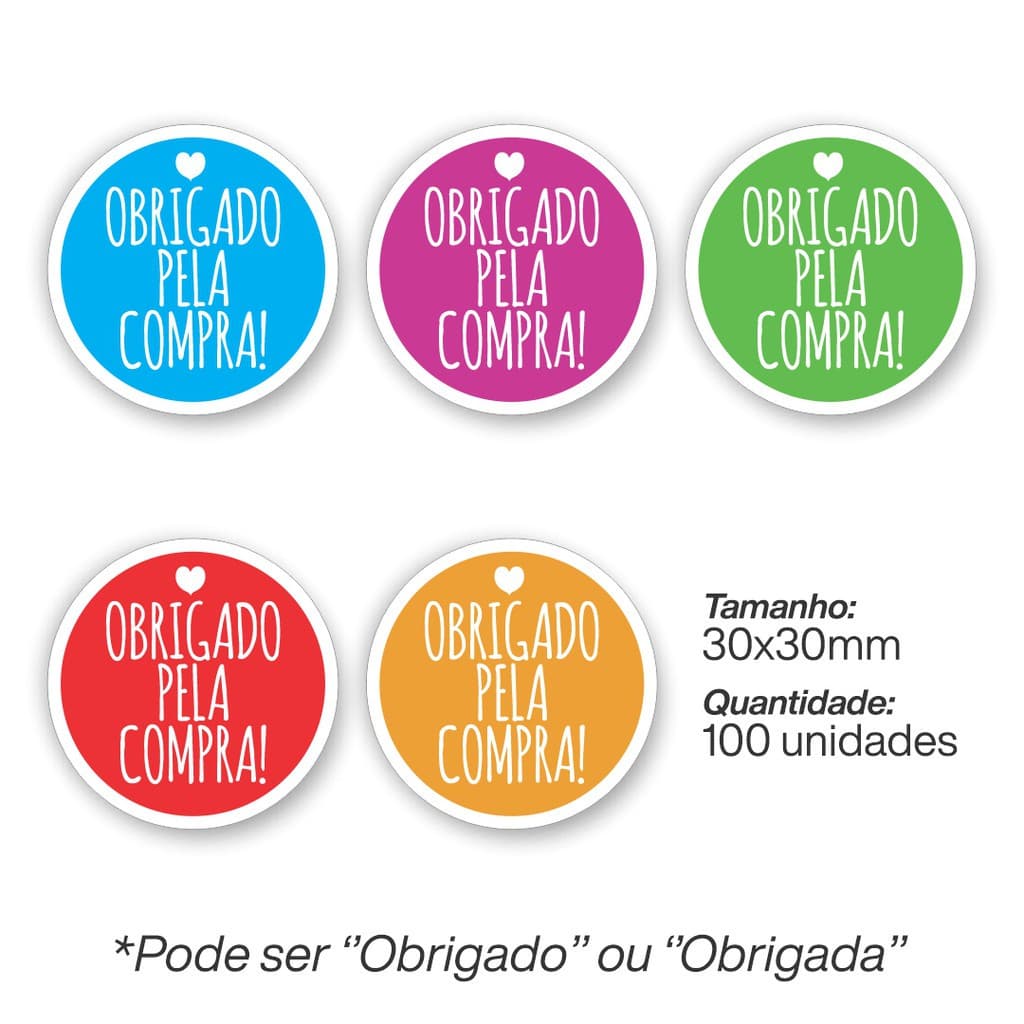 Adesivo com recorte redondo várias cores 100 unidades  "obrigado(a) pela compra" pacotes presente