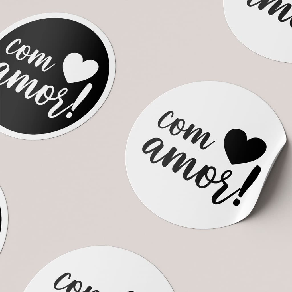 100 etiquetas adesivo "com amor" preto ou branco 3x3cm pacotes embalagens presentes vinil