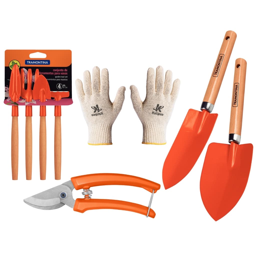 Conjunto Jardinagem 7 Peças Tramontina Aço Carbono Alta Qualidade Com Luva
