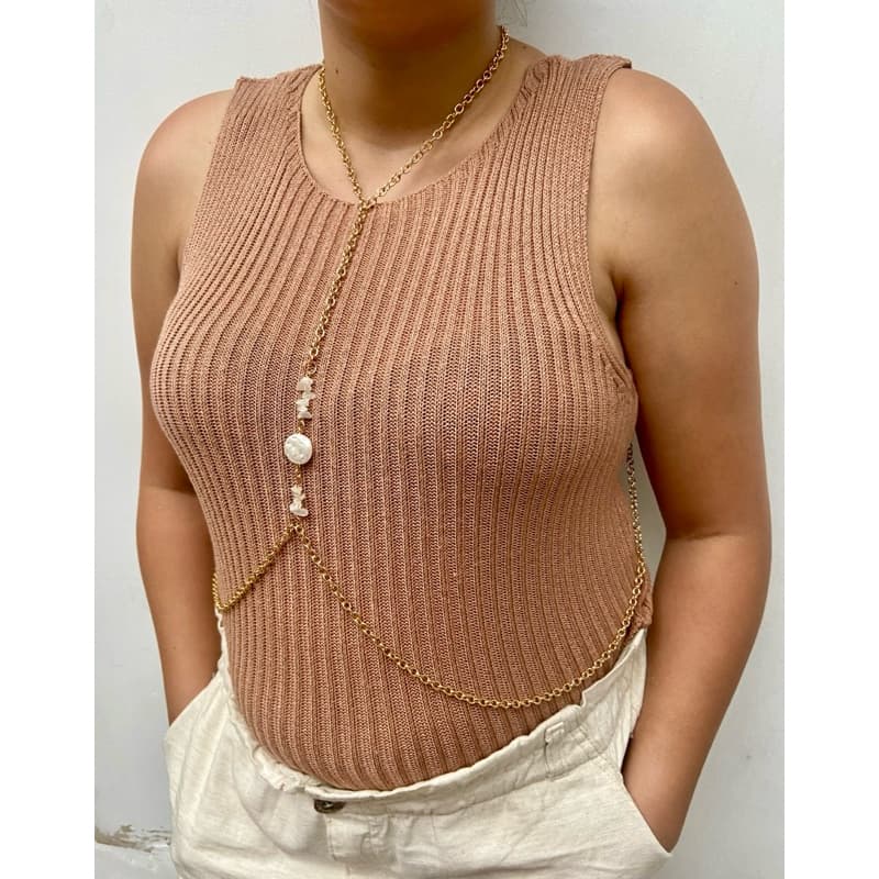 Colar de corpo Bodychain Feminino Acessório para praia Pérola e pedra natural