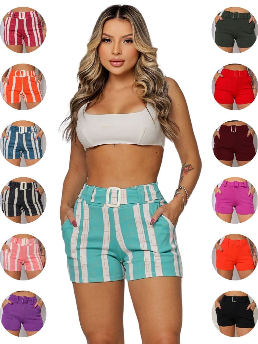Shorts Feminino Cinto Fivela Bermuda Malha Crepe Bolso Shortinho Curto Social Cintura Alta Basico