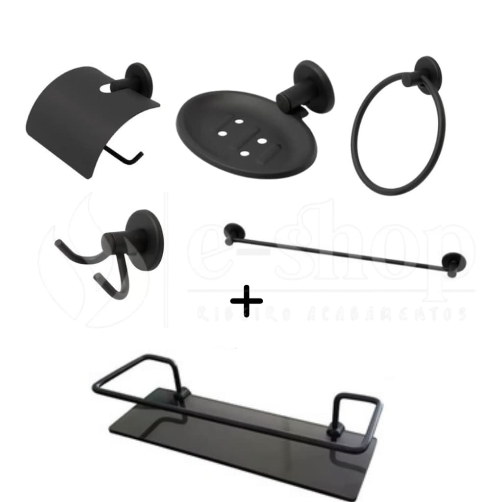 Kit de acessórios para banheiro 5 Peças Stander + Prateleira de Vidro Porta Shampoo Reto Fumê