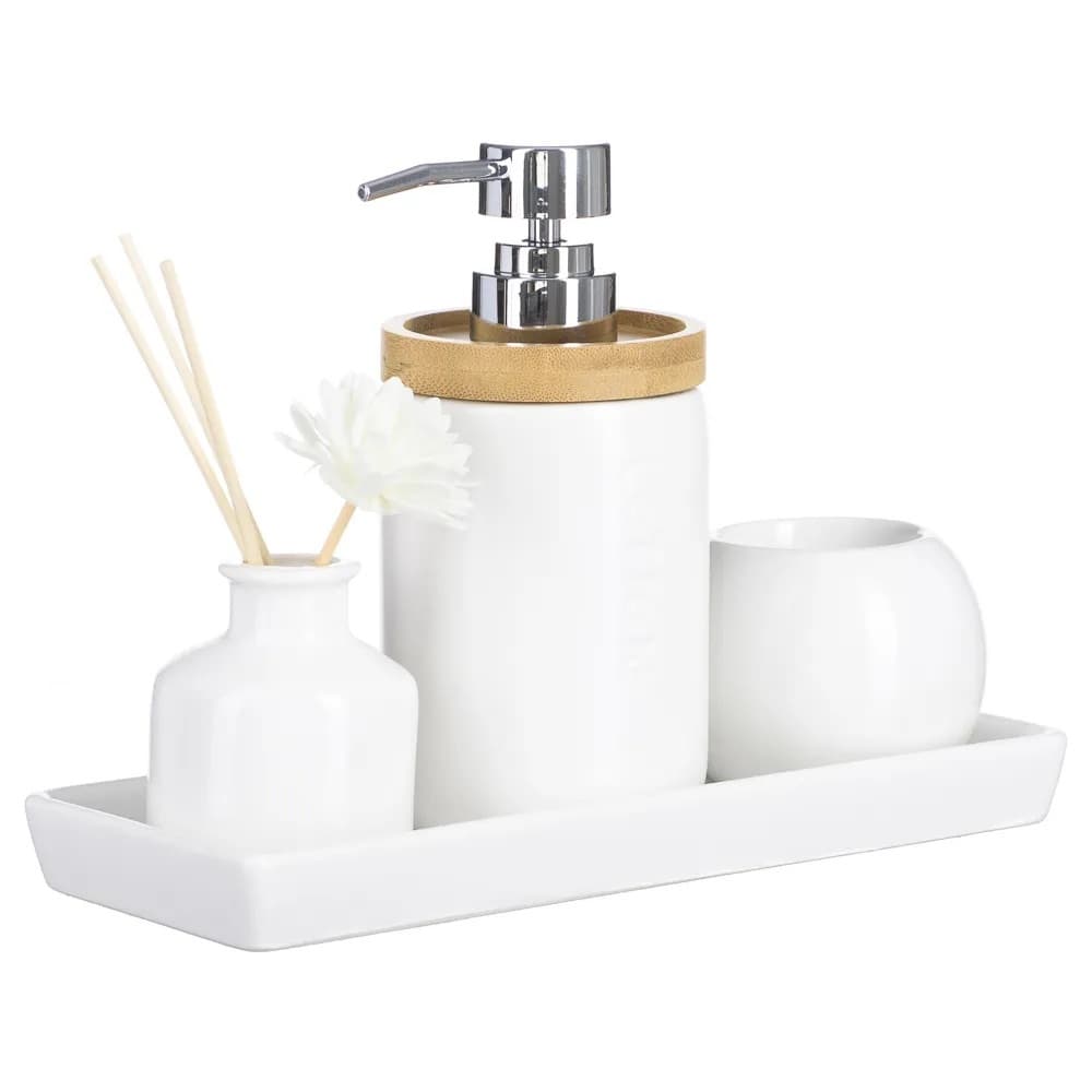 Kit Banheiro Lavabo Porta Sabonete Líquido Cerâmica 4 peças bandeja/porta sabonete líquido/porta cheiro/porta vela ou enfeite de banheiro